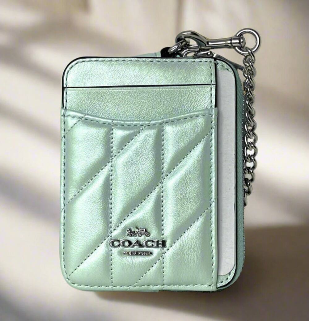 Coach CBL77 Quilted Pearlized Leather Zip Card Case Green